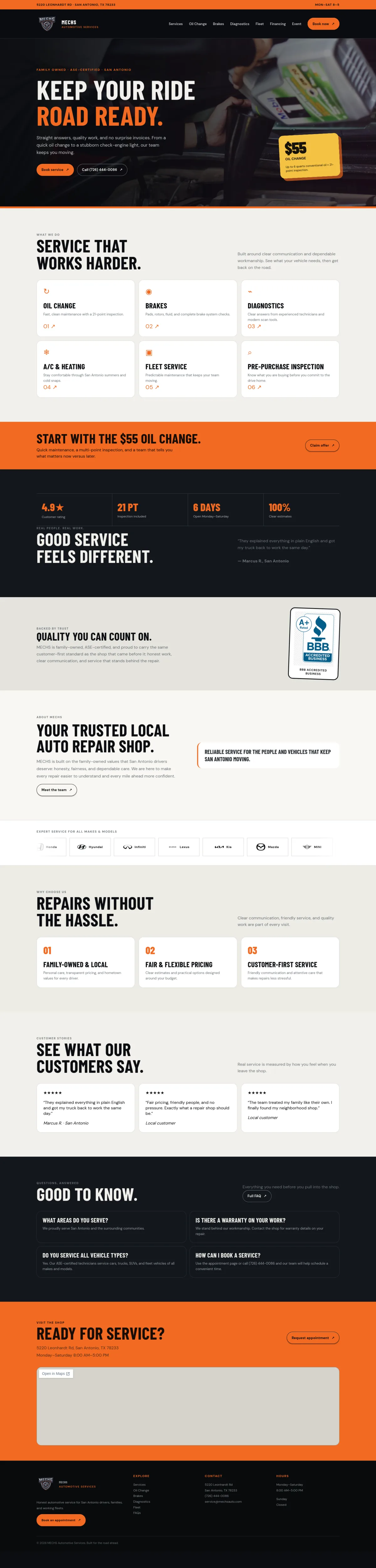 Full homepage of the MECHS Automotive Services website, from its branded service-booking hero through services, trust content, reviews, location, and footer